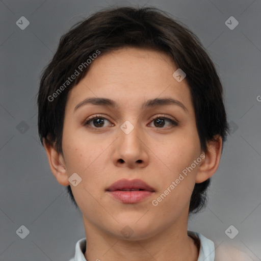 Neutral white young-adult female with short  brown hair and brown eyes