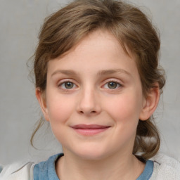 Joyful white child female with medium  brown hair and blue eyes