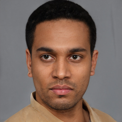 Neutral latino young-adult male with short  black hair and brown eyes
