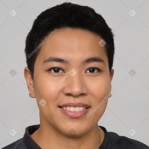 Joyful asian young-adult male with short  black hair and brown eyes