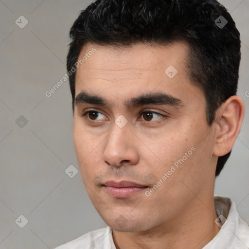 Neutral latino young-adult male with short  black hair and brown eyes