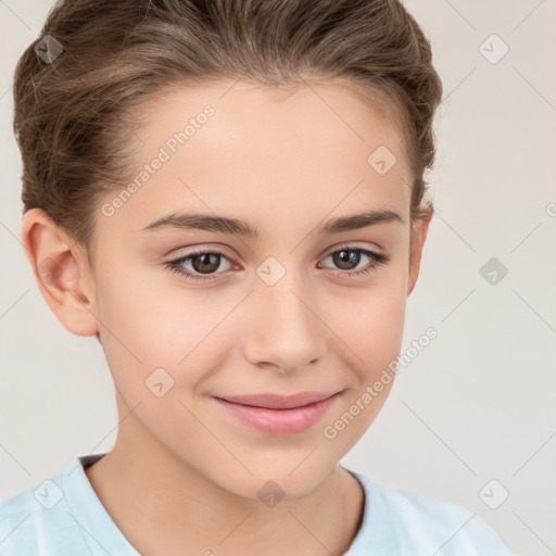 Joyful white child female with short  brown hair and brown eyes