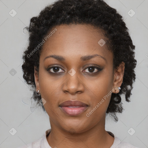 Neutral black young-adult female with short  black hair and brown eyes