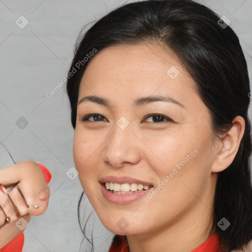 Joyful white young-adult female with medium  brown hair and brown eyes