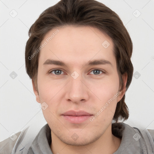 Neutral white young-adult male with short  brown hair and grey eyes