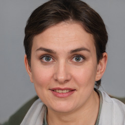 Joyful white adult female with short  brown hair and grey eyes