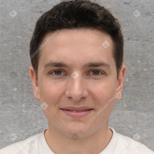 Joyful white young-adult male with short  brown hair and brown eyes