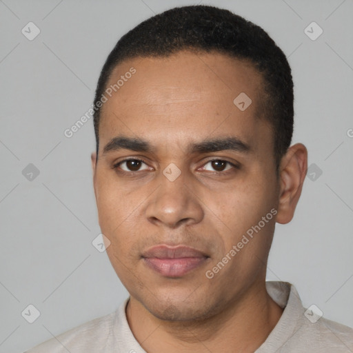 Neutral black young-adult male with short  black hair and brown eyes