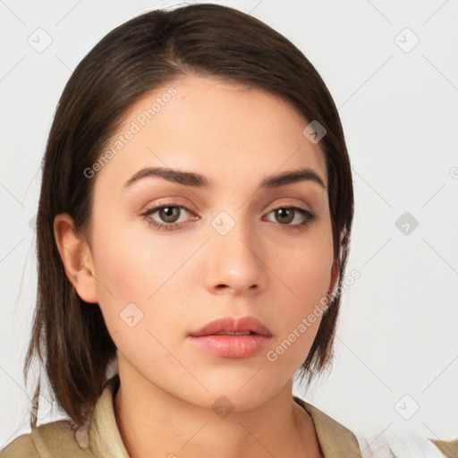 Neutral white young-adult female with medium  brown hair and brown eyes