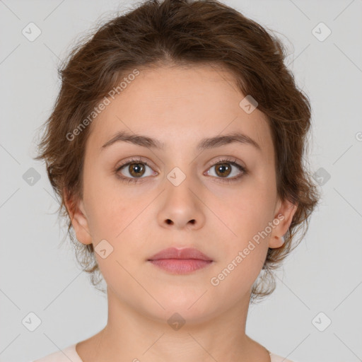 Neutral white young-adult female with short  brown hair and brown eyes