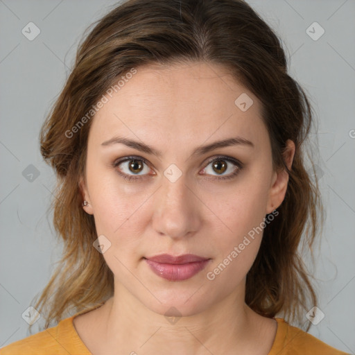 Neutral white young-adult female with medium  brown hair and brown eyes