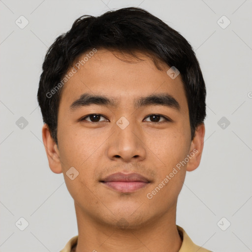 Neutral asian young-adult male with short  black hair and brown eyes