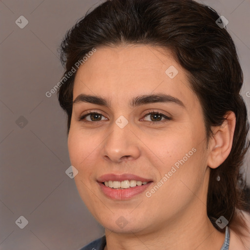 Joyful white young-adult female with medium  brown hair and brown eyes