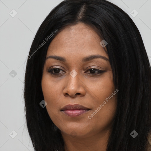 Joyful asian young-adult female with long  black hair and brown eyes