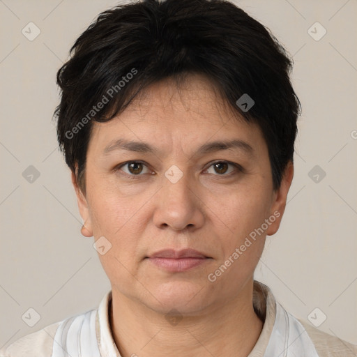 Neutral white young-adult female with short  brown hair and brown eyes