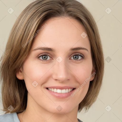 Joyful white young-adult female with medium  brown hair and green eyes