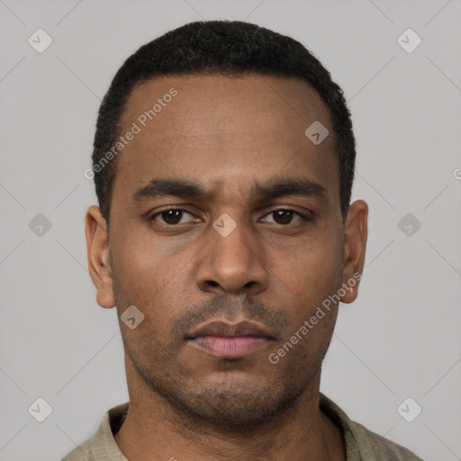 Neutral latino young-adult male with short  black hair and brown eyes