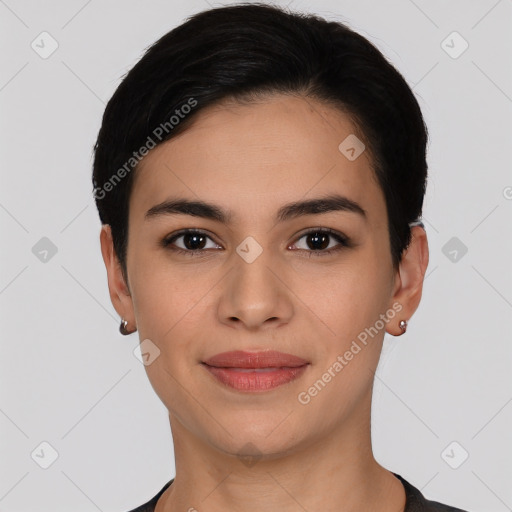 Joyful white young-adult female with short  black hair and brown eyes