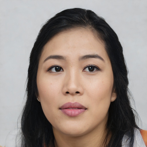 Neutral asian young-adult female with long  black hair and brown eyes