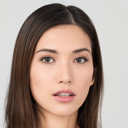 Neutral asian young-adult female with long  brown hair and brown eyes