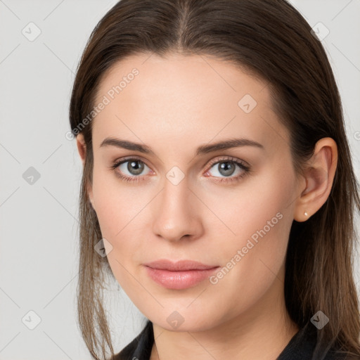 Neutral white young-adult female with long  brown hair and grey eyes