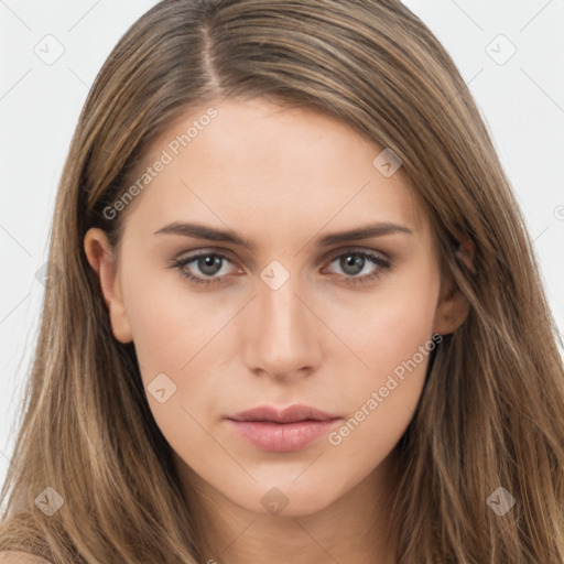 Neutral white young-adult female with long  brown hair and brown eyes