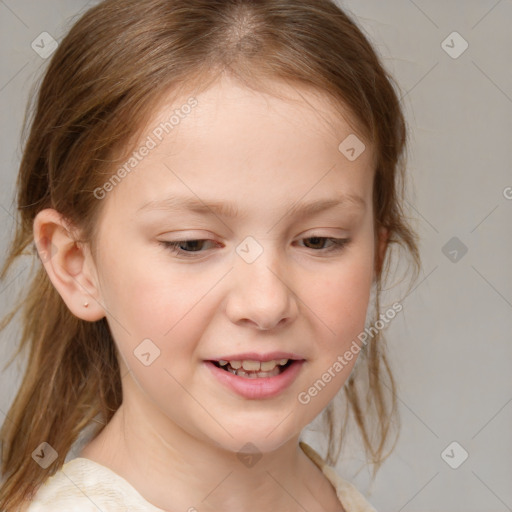 Joyful white child female with medium  brown hair and brown eyes