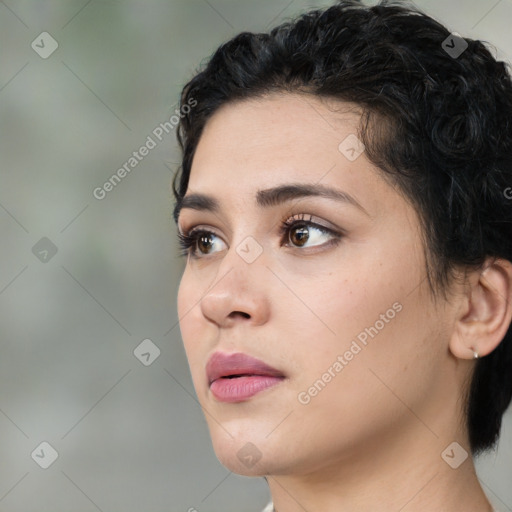 Neutral white young-adult female with short  brown hair and brown eyes