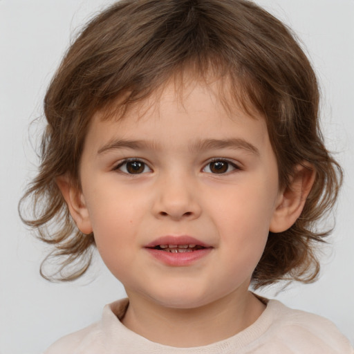 Joyful white child female with medium  brown hair and brown eyes