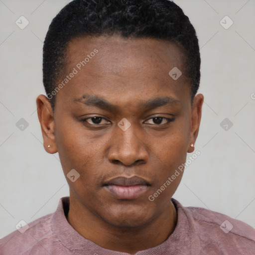 Neutral black young-adult male with short  black hair and brown eyes