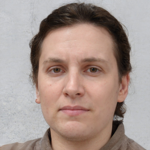 Neutral white adult female with short  brown hair and brown eyes