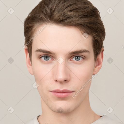 Neutral white young-adult male with short  brown hair and grey eyes