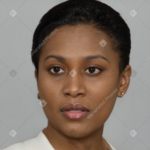 Neutral black young-adult female with short  brown hair and brown eyes