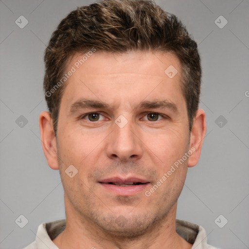 Neutral white adult male with short  brown hair and brown eyes