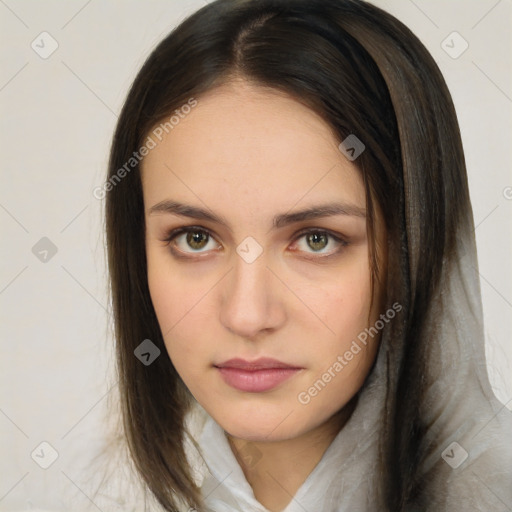 Neutral white young-adult female with medium  brown hair and brown eyes