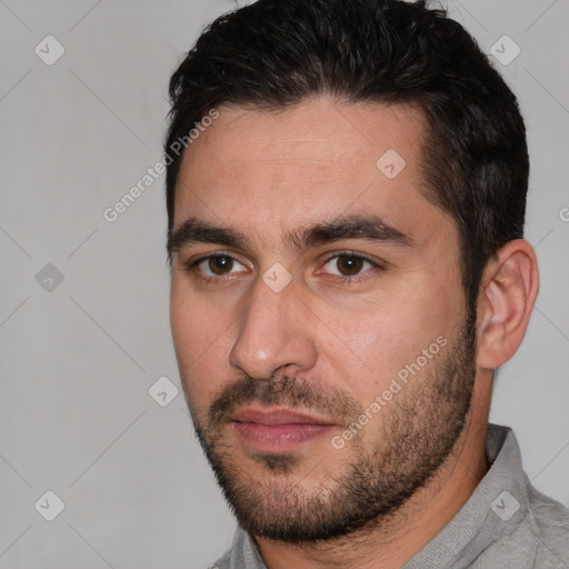 Neutral white young-adult male with short  brown hair and brown eyes