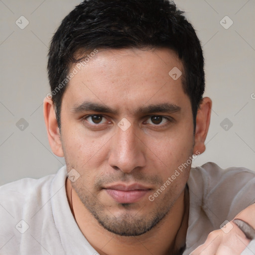 Neutral white young-adult male with short  brown hair and brown eyes