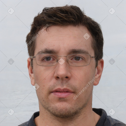 Neutral white adult male with short  brown hair and brown eyes