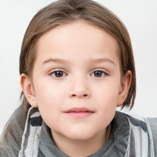 Neutral white child female with medium  brown hair and grey eyes