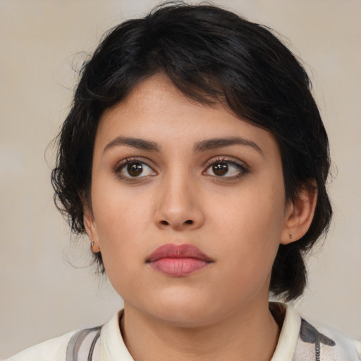 Neutral latino young-adult female with medium  brown hair and brown eyes