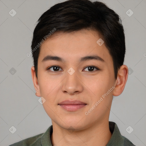 Joyful asian young-adult female with short  brown hair and brown eyes