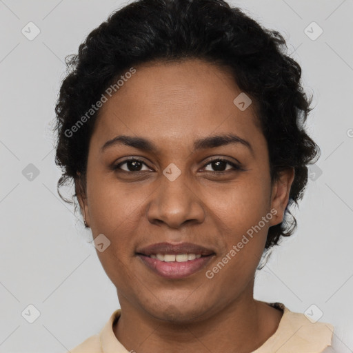 Joyful latino young-adult female with short  brown hair and brown eyes