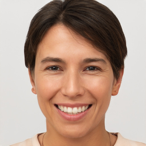 Joyful white young-adult female with short  brown hair and brown eyes