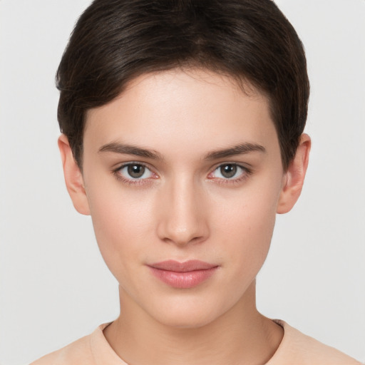 Neutral white young-adult female with short  brown hair and brown eyes