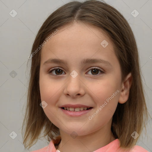 Joyful white child female with medium  brown hair and brown eyes