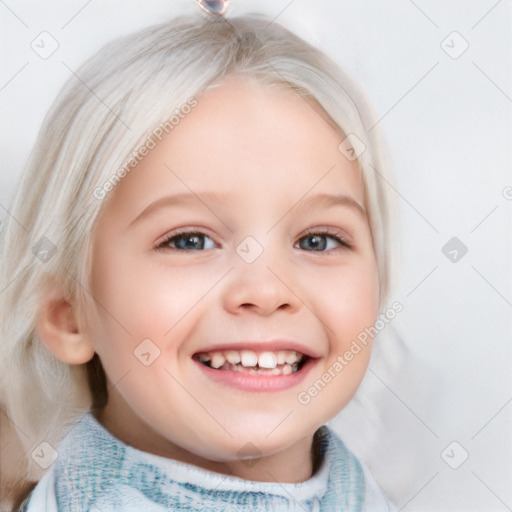 Joyful white child female with medium  brown hair and blue eyes