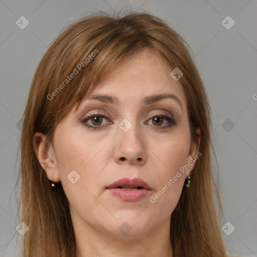 Neutral white young-adult female with long  brown hair and brown eyes