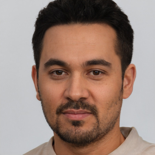 Neutral white young-adult male with short  black hair and brown eyes