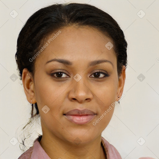 Joyful latino young-adult female with medium  brown hair and brown eyes