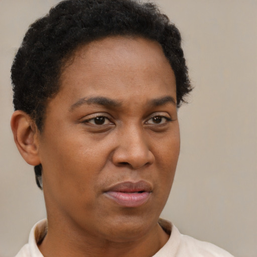 Neutral black adult female with short  brown hair and brown eyes
